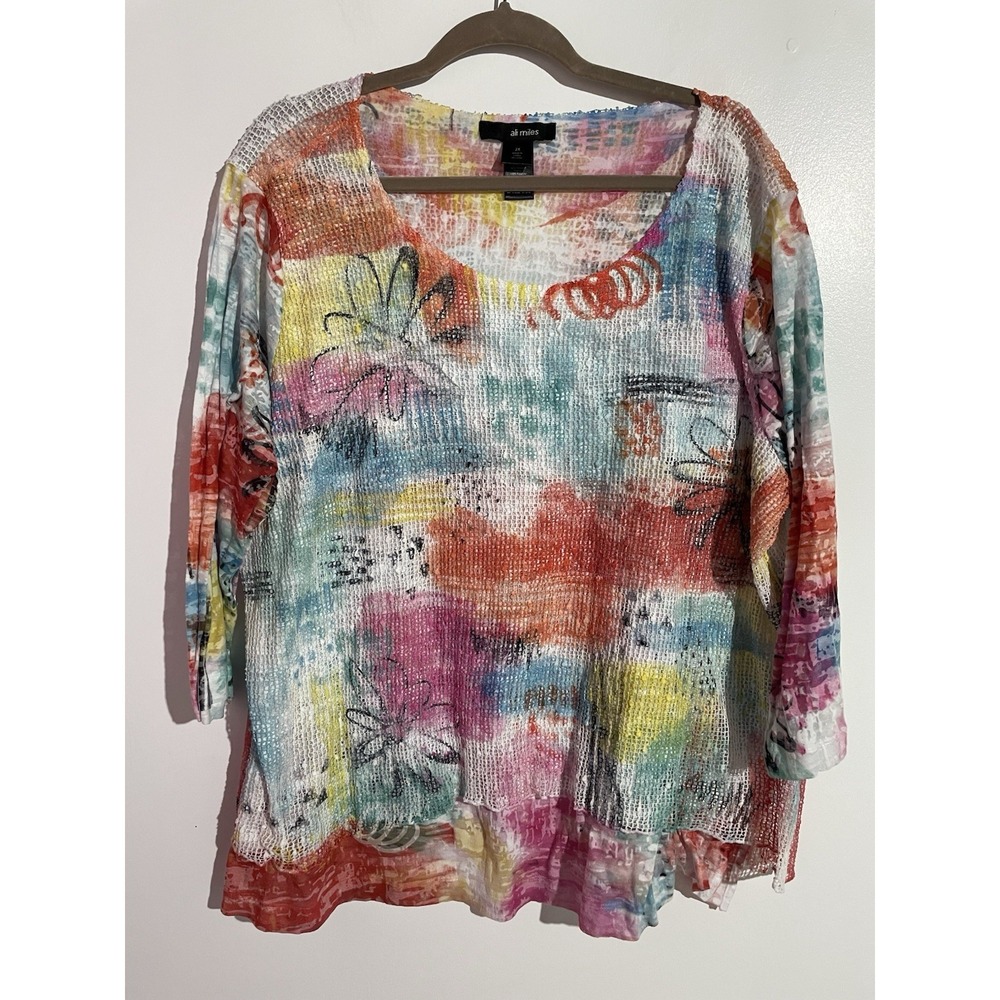 Ali Miles Top 2X Artsy‎ Mesh Tie Dye Floral Lagenlook Boxy Travel Office Brunch
